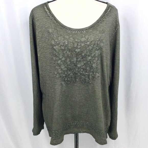 Tribal Tops - Tribal Jeans Embroidered Top Women Size XXL Olive Green Mineral Wash Long Sleeve